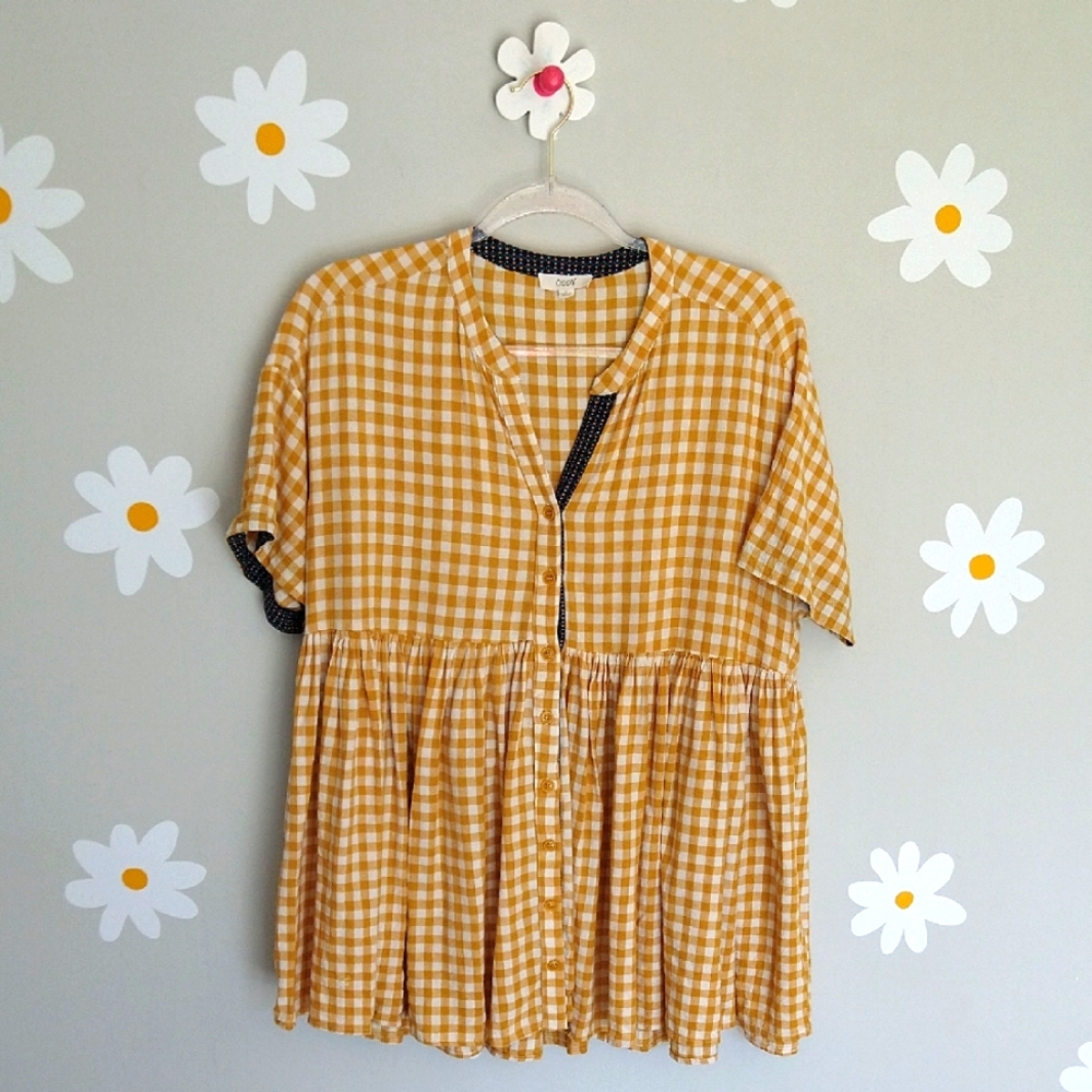 ODDY Golden Yellow & White Gingham Linen Blend Button-Front Pleated Tunic Top